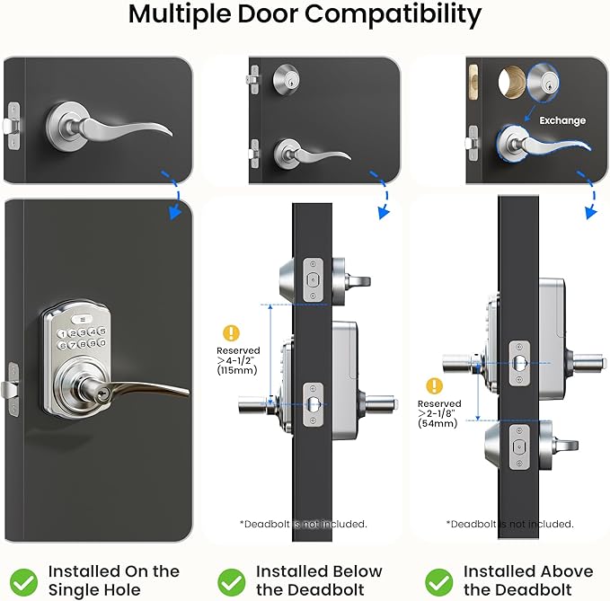 Veise Keypad Door Lock with Handle, Keyless Entry for Front Door & Bedroom, Electronic Lock with Code, Auto-Locking, Easy Installation, Passage Mode, Satin Nickel