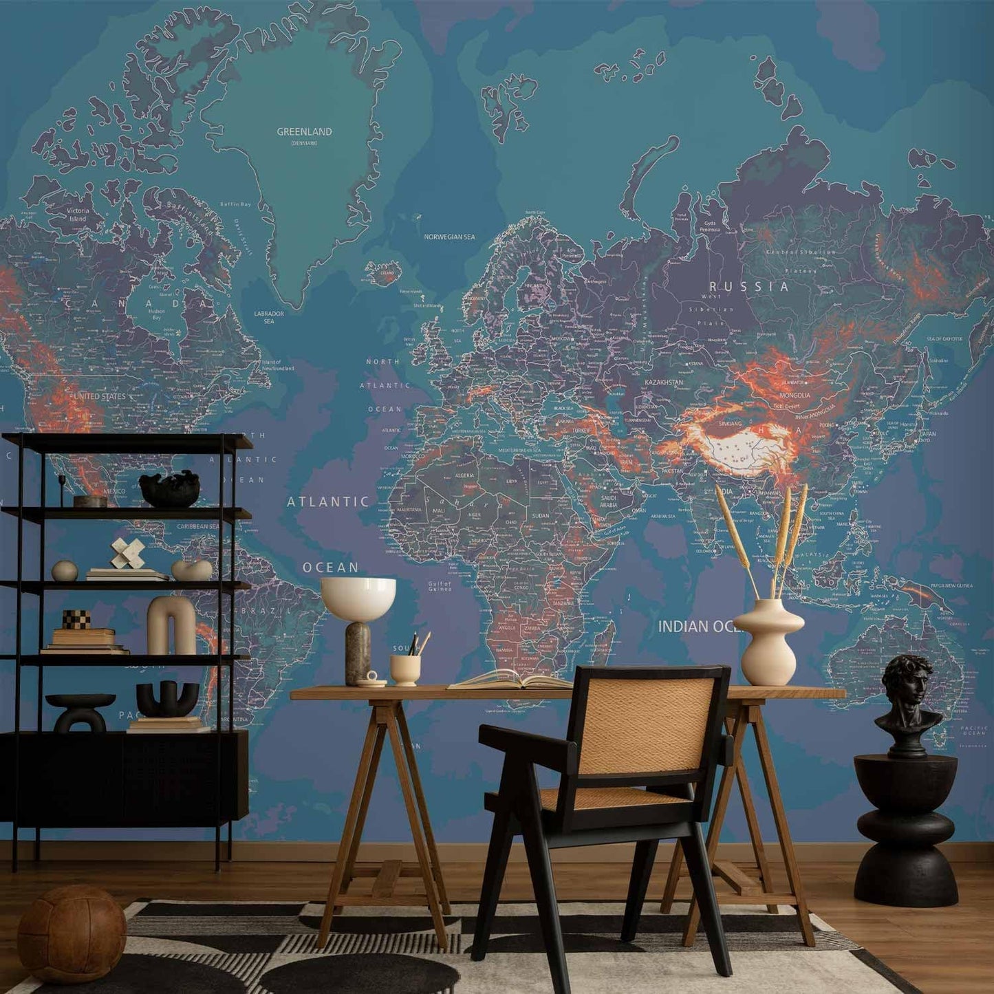 artgeist Wall Mural World Map 173x124 in - Peel and Stick Self-Adhesive Wallpaper Removable Large Sticker Foil Wall Decor Print Picture Image Design Map of The World k-A-0061-a-d
