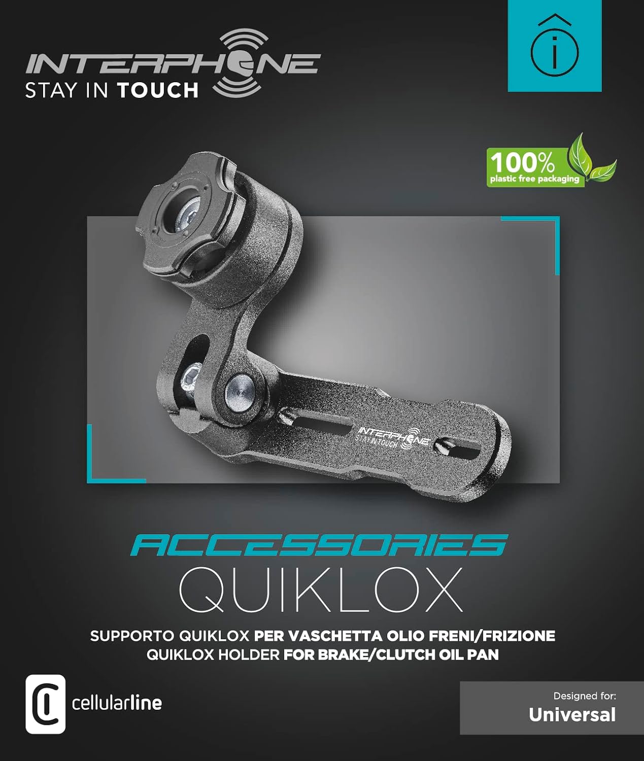 Interphone, Brake Mount, Indicated for Scooters or Motorbikes with No Space on The Handlebars, Bracket Suitable for Any Brake Fluid Reservoir