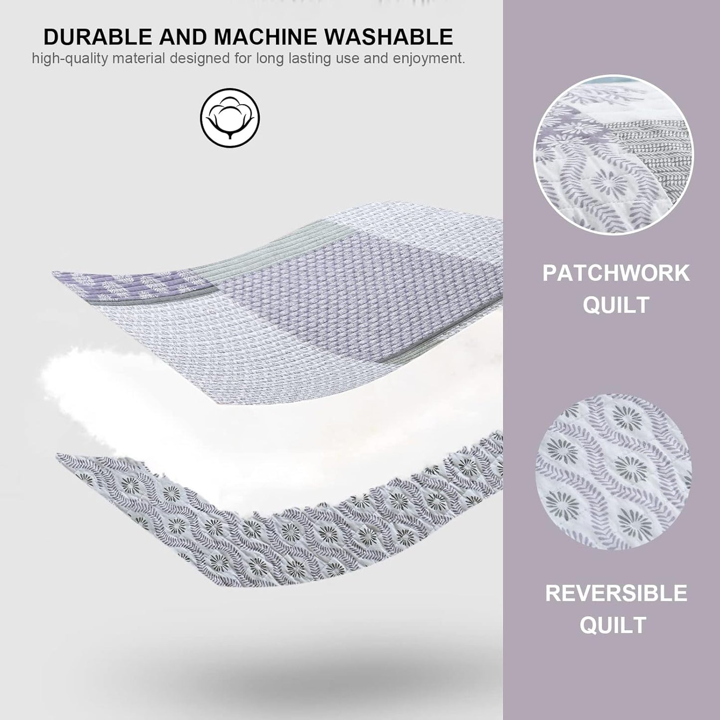 PANGUSHAN Quilt Set King Size, 100% Cotton Bedspread Quilt Bedding Set, Patchwork Reversible Floral Quilt for King Bed, Purple/Grey/White Bed Spread, Lightweight Comforter for All Season, 3 Pieces