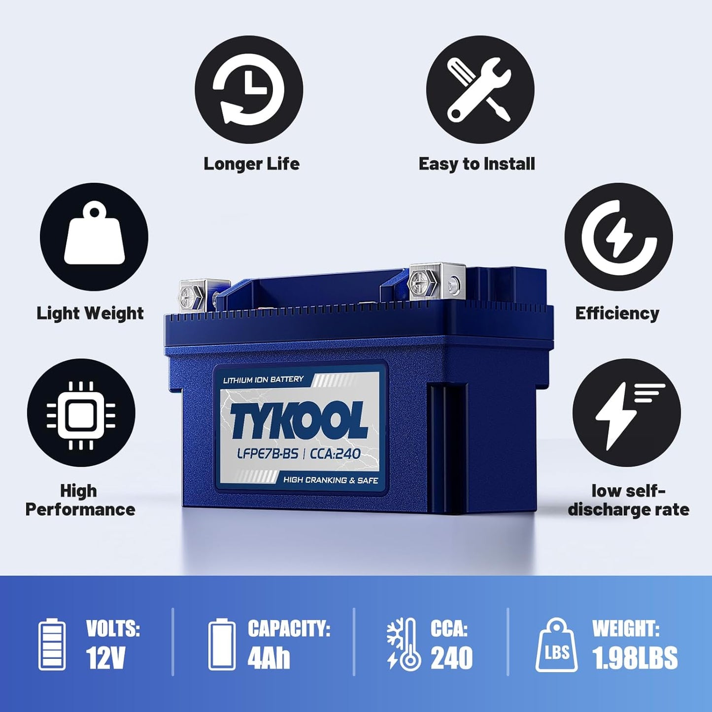 YT7B-BS 12V 4Ah 240CCA LiFePO4 Motorcycle Battery, Built in BMS, for Honda KTM Yamaha Harely, Lithium Ion Battery Fit Lawn Mower, Jet Ski, Motorboat,ATV, UTV, Scooter,Snowmobile