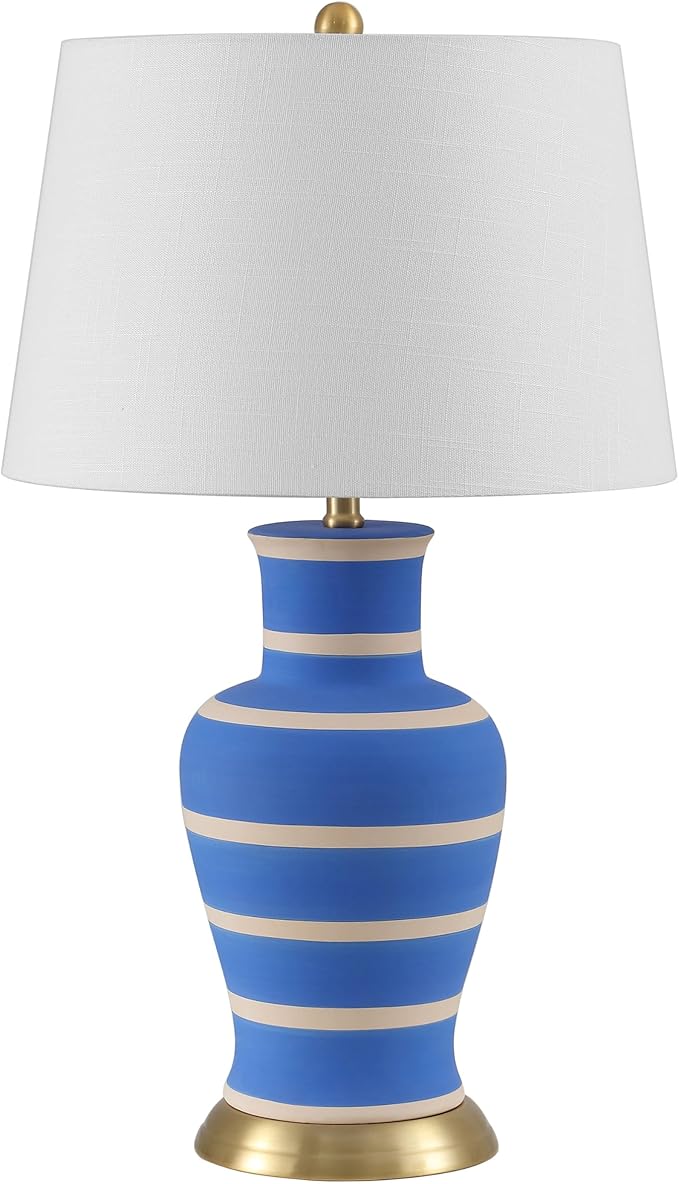 JONATHAN Y 29" Blue/Beige Traditional Ceramic Urn LED Table Lamp for Bedroom Decor, White Linen Drum Shade, Classic Nightstand Lamp for Living Room, LED Bulb Included (JYL4026L)