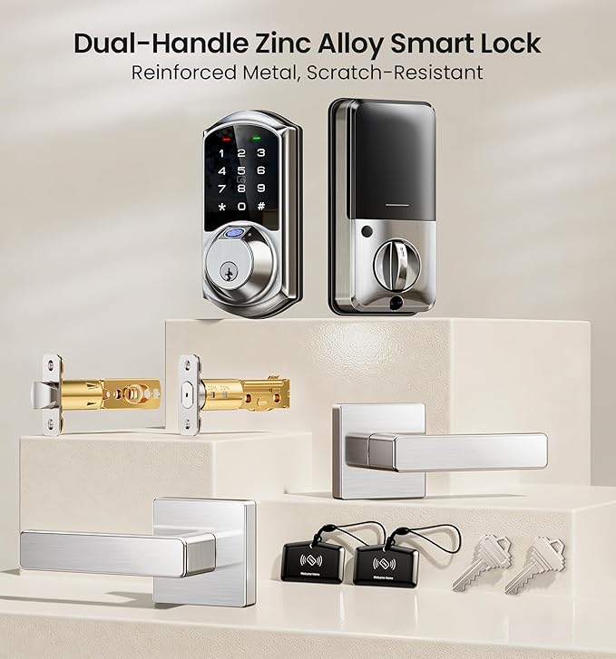 Veise VE07-L Fingerprint App Control Smart Locks with Heavy-Duty Zinc Alloy Handles, Keyless Entry for Front Door, Digital Electronic Touchscreen, Auto Lock, Waterproof, Easy Install, Satin Nickel