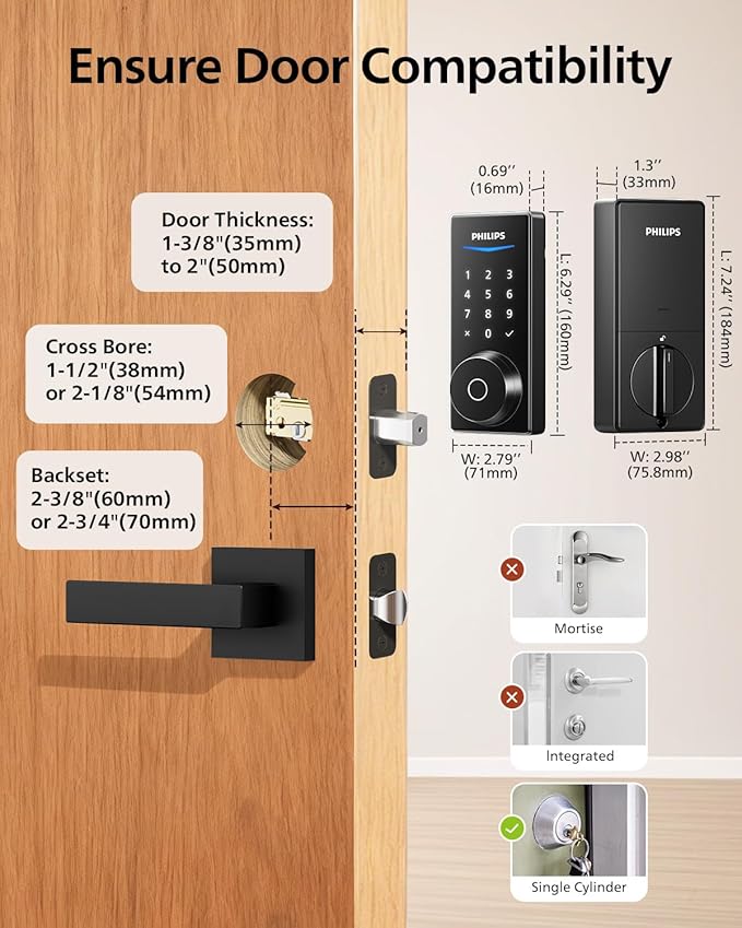 Philips Built-in WiFi Smart Lock, Keyless Entry Door Lock with App, Touchscreen, Indicator Light, Fingerprint Door Lock — Compatible with Alexa & Google, Splash-Proof Design, Includes 8 Batteries
