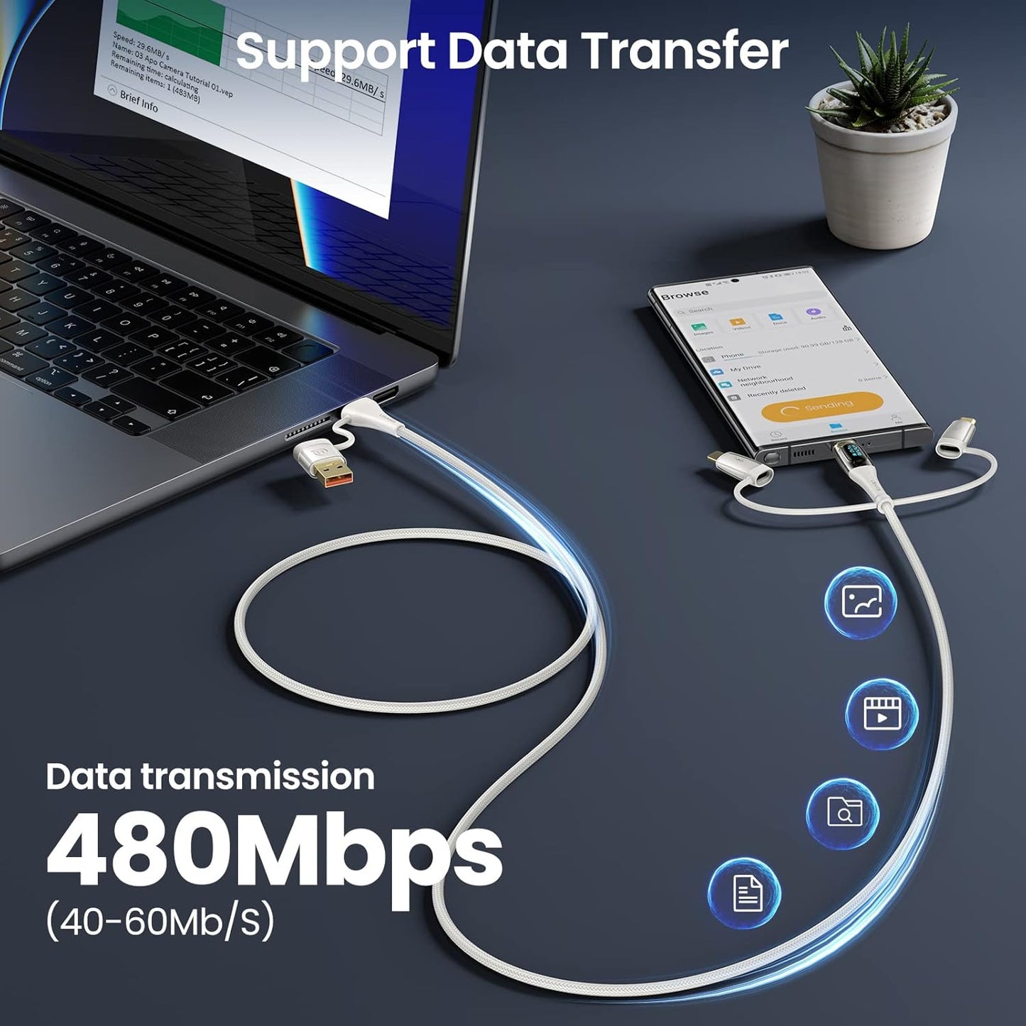 USB C to Multi Charging Cable, USAMS 100W 4FT 5A Type C to Type C Fast Charger Charging Cord with LED Display 5-in-1 C/A to C/Micro/IP Sync Charger Adapter Compatible for Laptop/Tablet/Phone