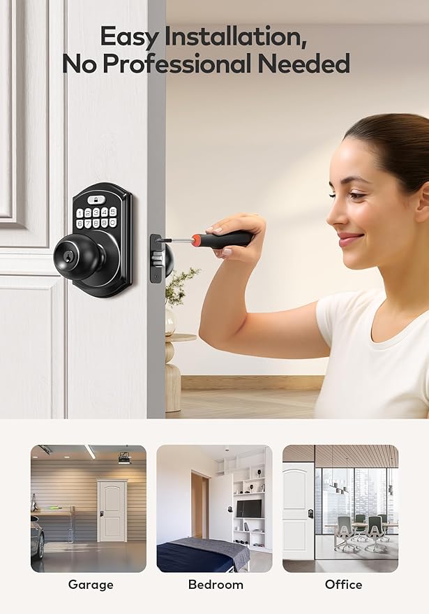 TEEHO TE003 Keyless Entry Keypad Door Lock with Handle, Electronic Digital Smart Locks for Front Door, Smart Door Knob with Code for Bedroom, Auto Lock, Passage Mode, Easy to Install, Matte Black