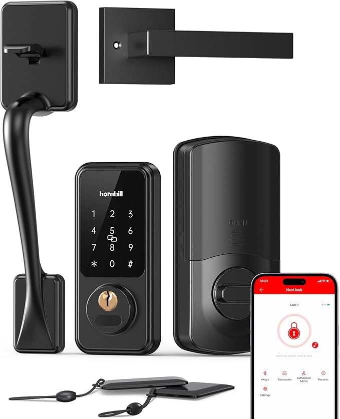 Smart Keyless Entry Door Lock with Handle, Hornbill Front Door Lock Set, Keypad Code Deadbolt with Lever, Digital Touchscreen via Alexa/Bluetooth/Keyfob/Key