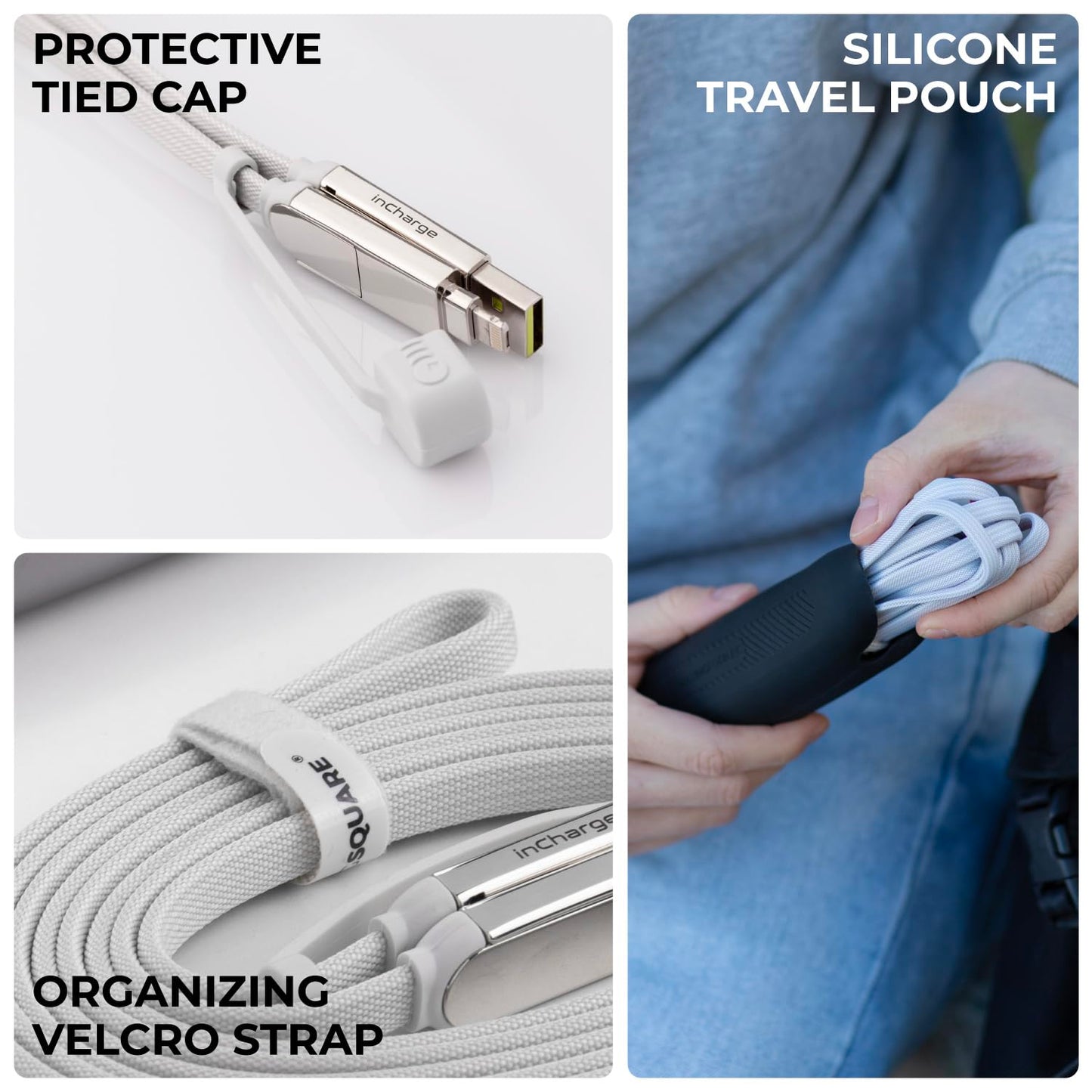 Rolling Square inCharge XL 200 cm - USB-C Cable, Universal Smartphone Cable, Gift for Men, 6-in-1 Universal Charger for Smartphones, Technical Gadget, White, Lightning Cable 100W