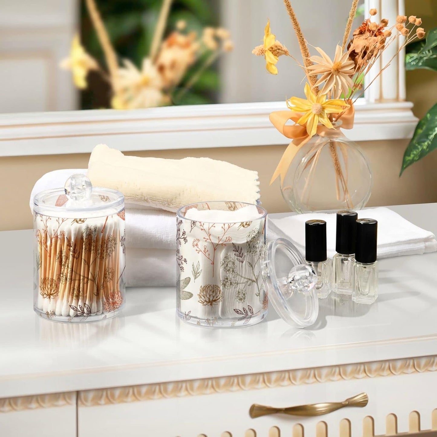 2 Pack Qtip Holder Organizer Dispenser Dragonfly Pattern Bathroom Storage Canister Cotton Ball Holder Container for Cotton Swabs/Pads/Floss