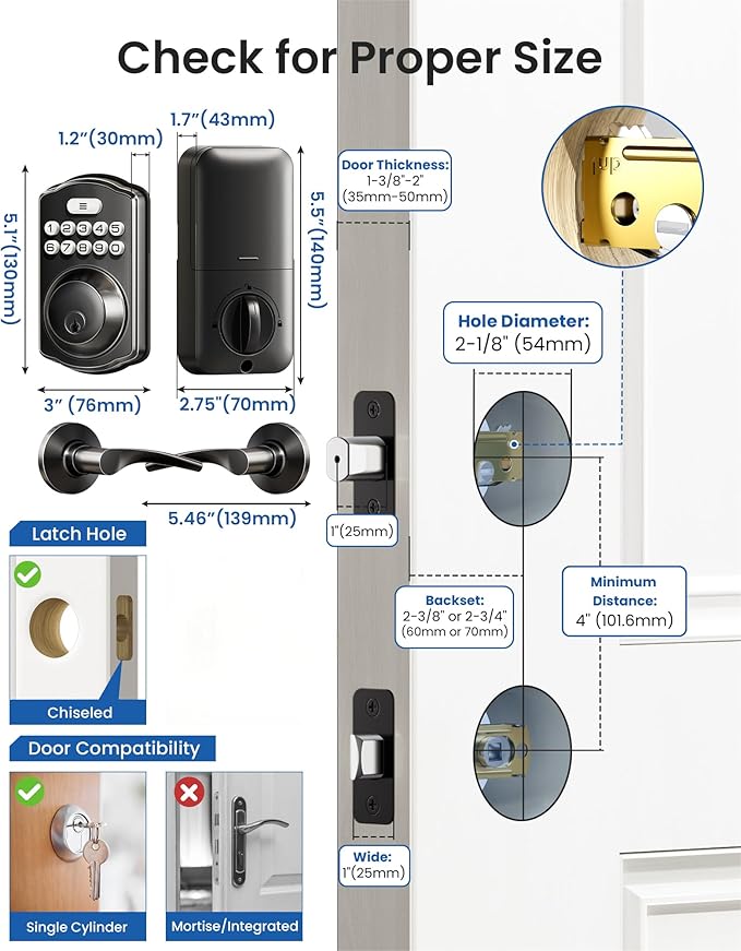 Veise Keyless Entry Door Lock with 2 Lever Handles - Electronic Keypad Deadbolt, Easy Installation Digital Smart Front Door Lock Set, Matte Black