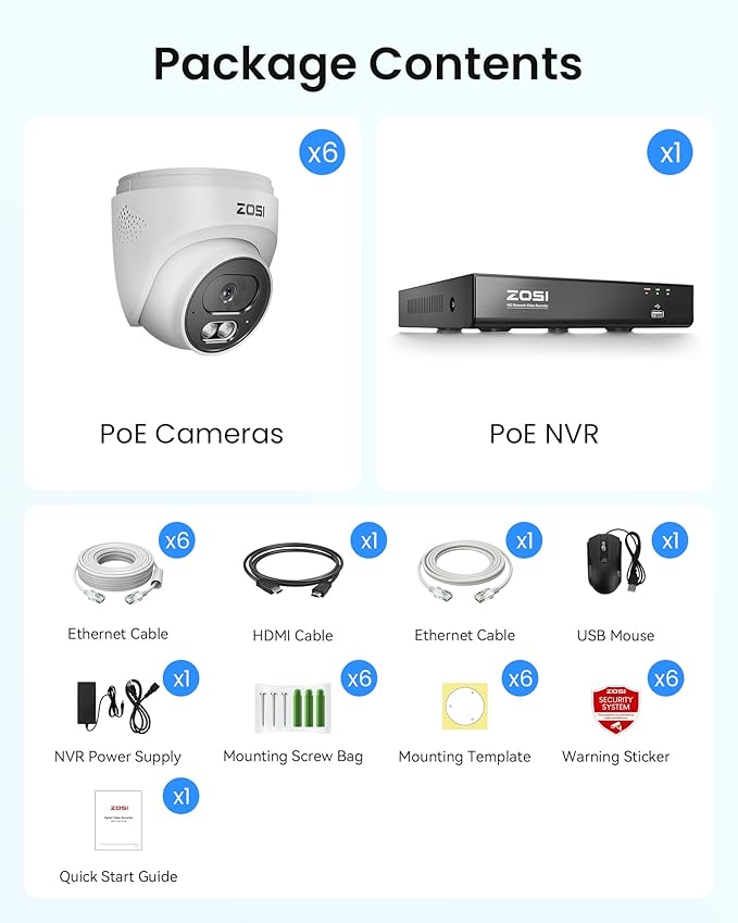 ZOSI C220 4K 8MP 8CH POE NVR Security Camera System (16CH Expandable), 6 x 8MP PoE IP Dome Cameras Outdoor Indoor, AI Human/Vehicle/Face Detection, One-Way Audio, 100ft IR Night Vision, 2TB HDD