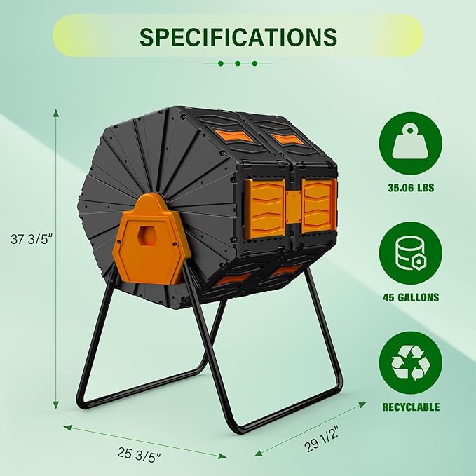 Dual Chamber Compost Tumbler, 45 Gallon Large Capacity 360° Rotating Composting Bin, BPA-Free Heavy Duty Composter with Easy Assembly, 38" Height Compost Bin Outdoor for Food Scraps Garden Yard Waste