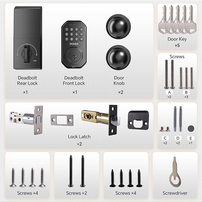 Keyless Entry Door Lock Set WiFi Smart App Control Door Lock for Front Door Keypad Deadbolt with 2 Knobs Auto Lock One Time Codes Easy Install, Black