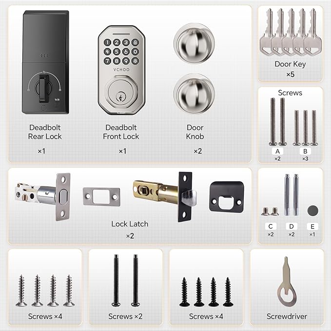 Keyless Entry Door Lock Set WiFi Smart App Control Door Lock for Front Door Keypad Deadbolt with 2 Knobs Auto Lock One Time Codes Easy Install, Satin Nickel