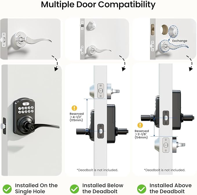 Veise Keypad Door Lock with Handle, Keyless Entry for Front Door & Bedroom, Electronic Lock with Code, Auto-Locking, Easy Installation, Passage Mode, Matte Black
