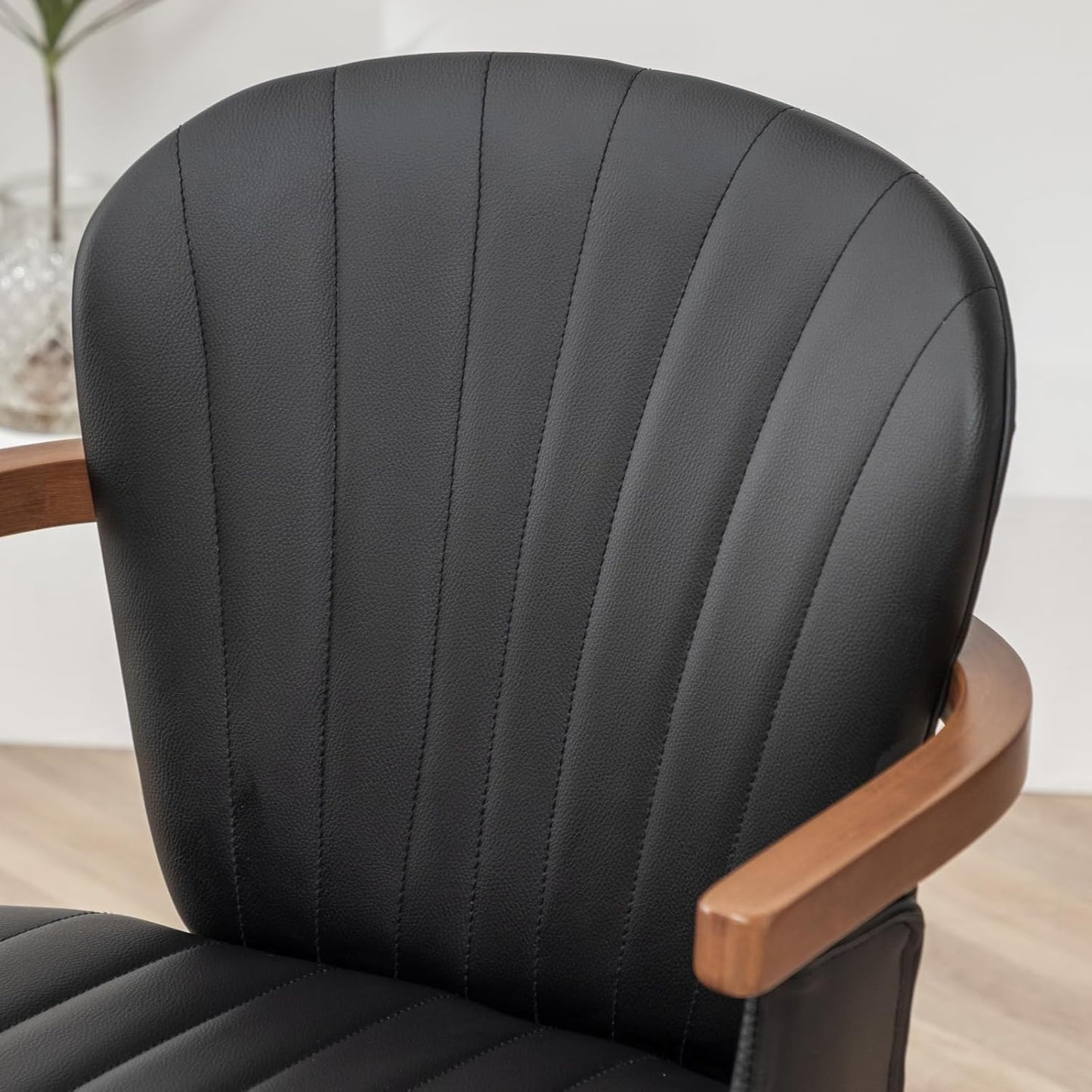 LUNLING Swivel Dining Chairs, Mid Century Modern Black Faux Leather Kitchen Chairs with Arms,Bamboo Legs Side Chairs No Wheels,Accent Chair for Dining Rooms and Offices,1PCS