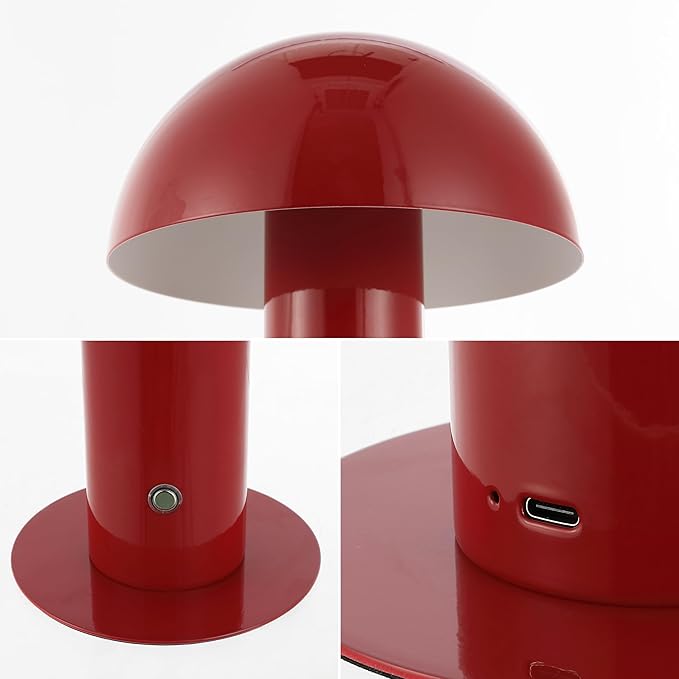 JONATHAN Y 10.75" Red Rechargeable LED Mushroom Table Lamp, Cordless Portable Bedside Lamp for Living Room Bedroom, 3-Way Dimmable Modern Iron Desk Light, Metal Shade (JYL7115G)