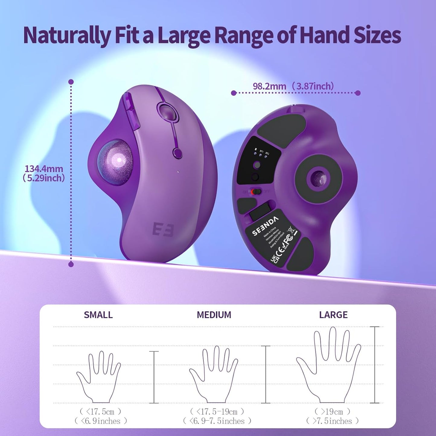 seenda Wireless Trackball Mouse, Bluetooth Rollerball Thumb Control Mice Ergonomic, Rechargeable, Multi Devices Connection Compatible for Mac/Android/Windows Computers - Purple