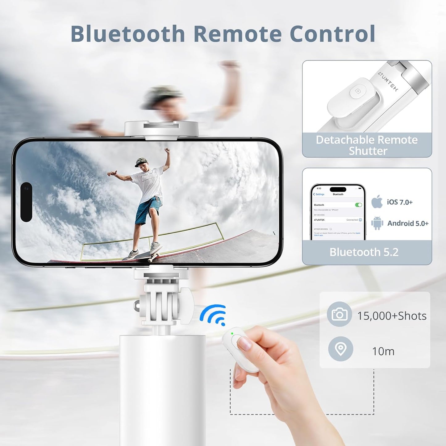 ATUMTEK 63" Phone Tripod, Extendable Selfie Stick Tripod with Bluetooth Remote, All-in-One Aluminum with Cold Shoe Mount for GoPro, 4"-7" iPhone and Android Smartphones, White