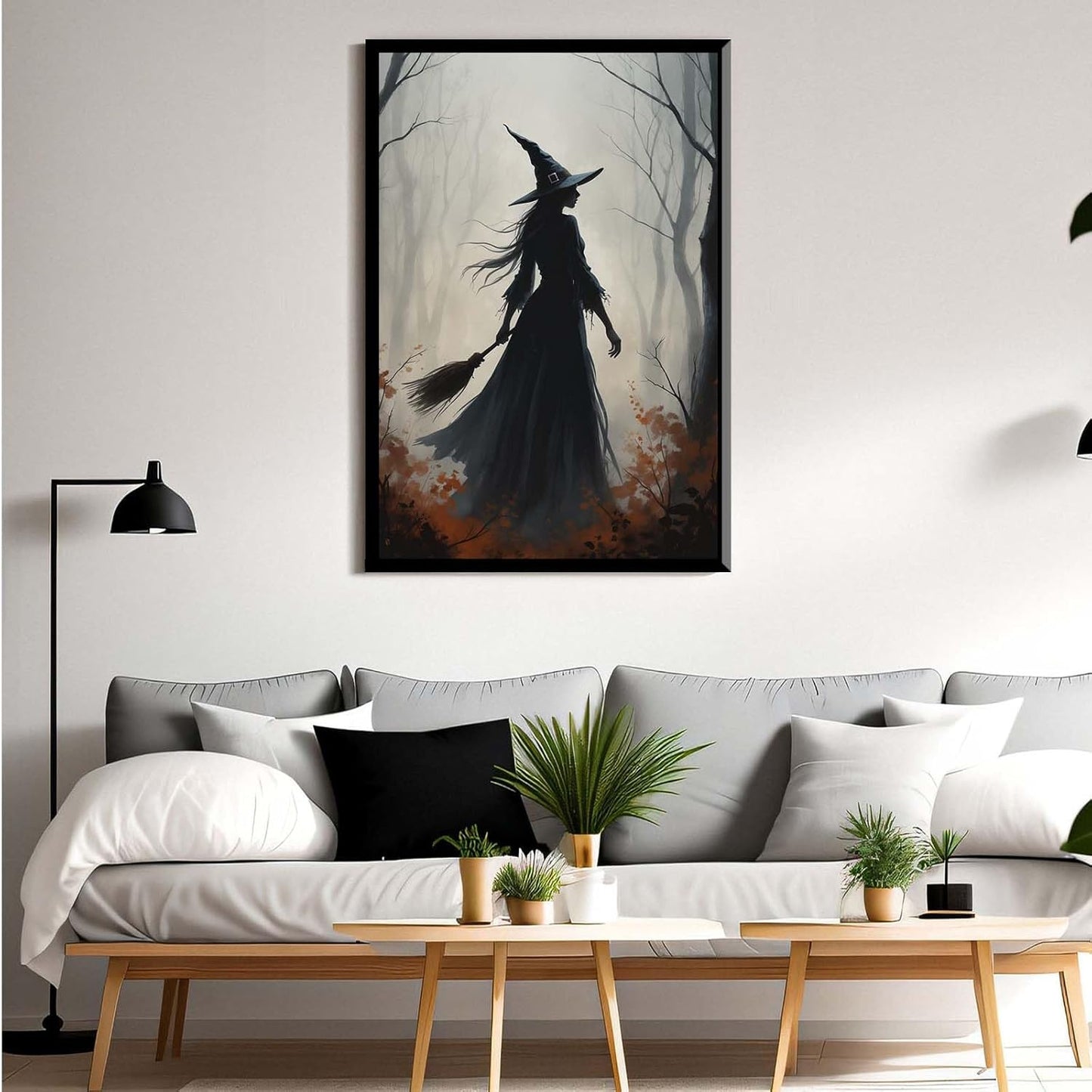 JFHCQJPK Vintage forest witch silhouette poster Halloween mural poster decoration mural art magic suitable for home living room bedroom16x24in Metal blackFramed