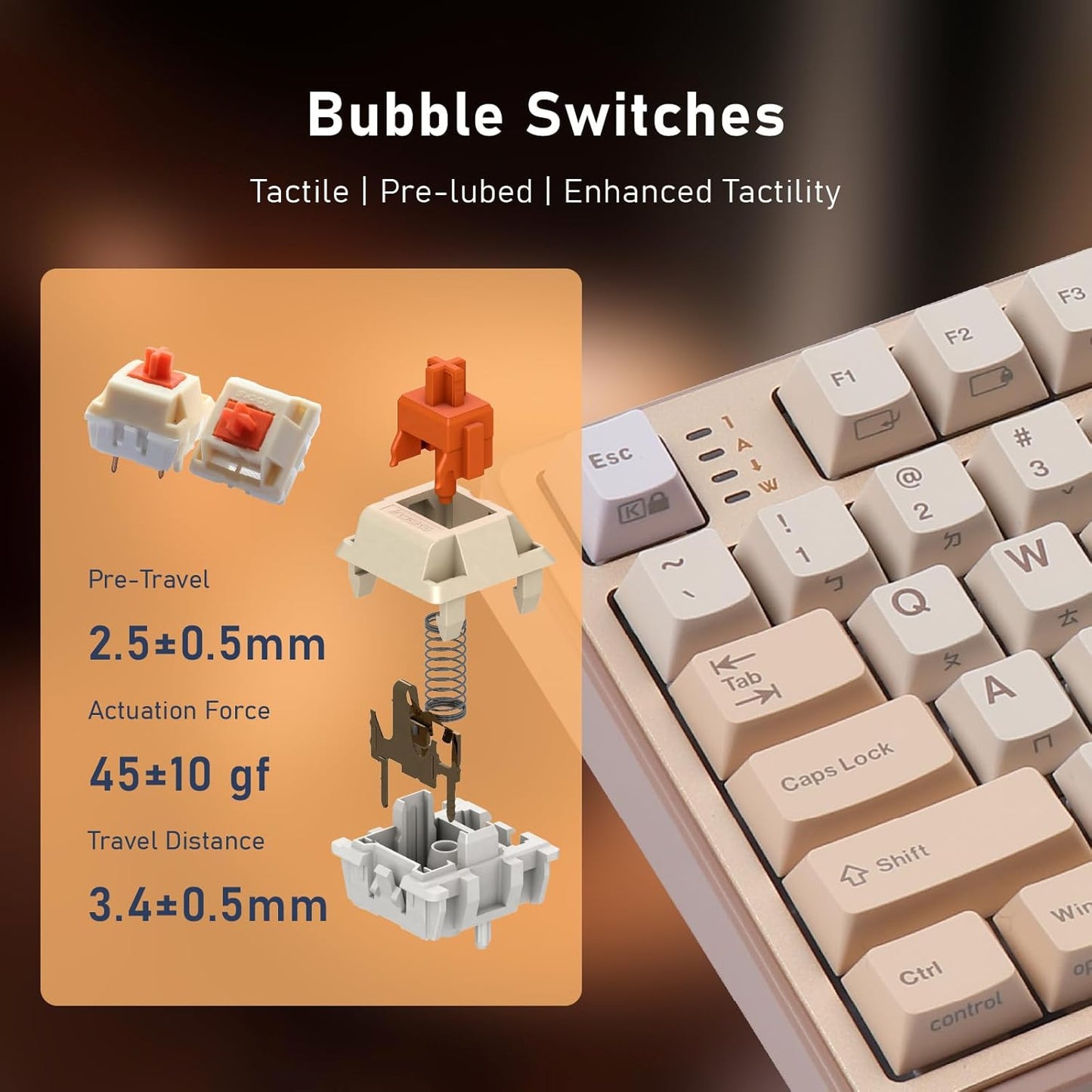 iRocks K85R Wireless RGB Backlit Mechanical Gaming Keyboard with LCD Display, Hot-Swappable Pre-lubed Brown Switches, 98 PBT Keys, USB-C Detachable Cable (Light Golden, Bubble Switch)