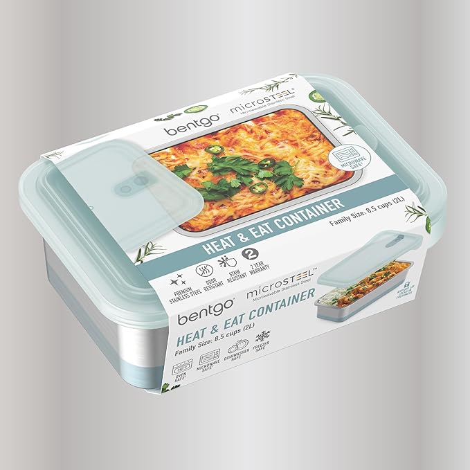 Bentgo MicroSteel Heat & Eat Container – Microwave-Safe, Leak-Proof & Airtight, Easy-to-Clean Lightweight Stainless Steel Reusable Food Storage with Silicone Lid (Family Size; 8.5-Cup Capacity; Aqua)