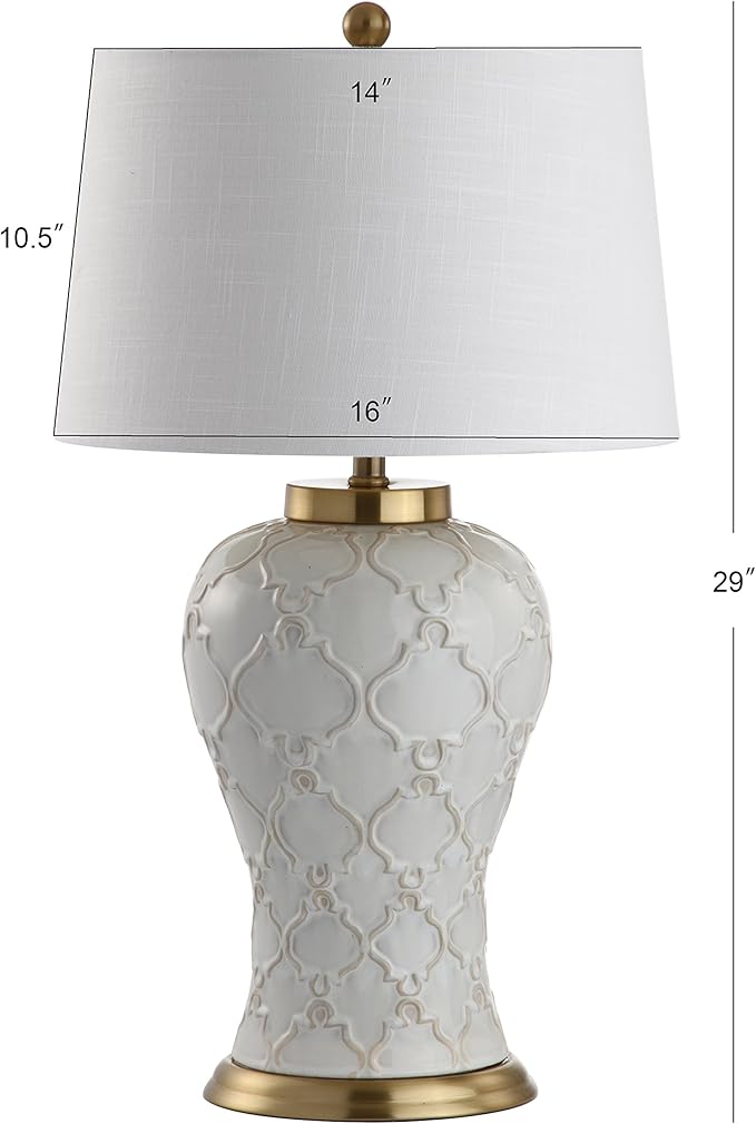 JONATHAN Y 29" Cream Textured Ceramic Table Lamp, Transitional Quatrefoil Trellis Design with White Linen Drum Shade and Brass Accents for Living Room, LED Bulb Included JYL4024A