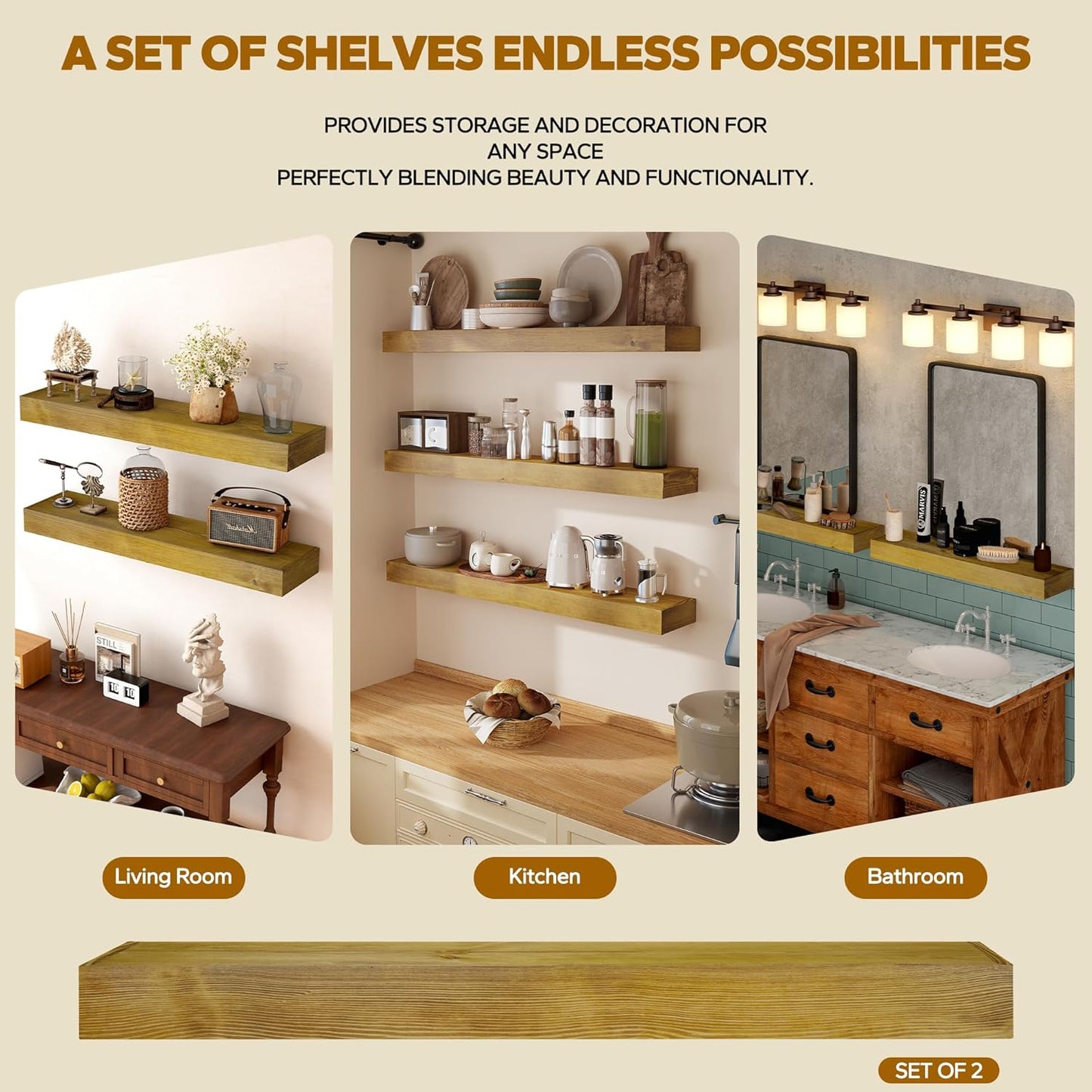 Floating Shelves 3 inch Thick for Wall Set of 2,Solid Pine Wood Wall Mount Shelf for Kitchen Living Room Bedroom Bathroom,8" D x 24" L x 3" H-Gold Oak