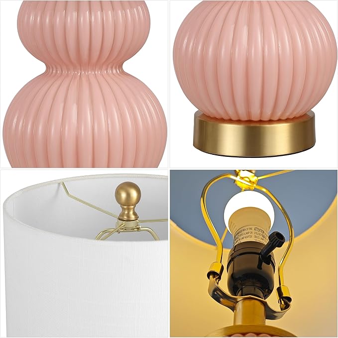 JONATHAN Y 20" Pink/Brass Gold Ribbed Gourd Glass Table Lamp, Modern Bedside Lamp for Bedroom Living Room, White Linen Drum Shade, LED Bulb Included (JYL1099B)