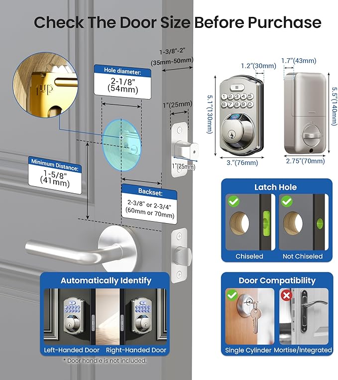 Veise KS02A Fingerprint Keyless Entry Door Lock, Auto Lock, Electronic Keypad Deadbolt for Front Door, Biometric, Anti-Peeping Password, Easy Install, Satin Nickel