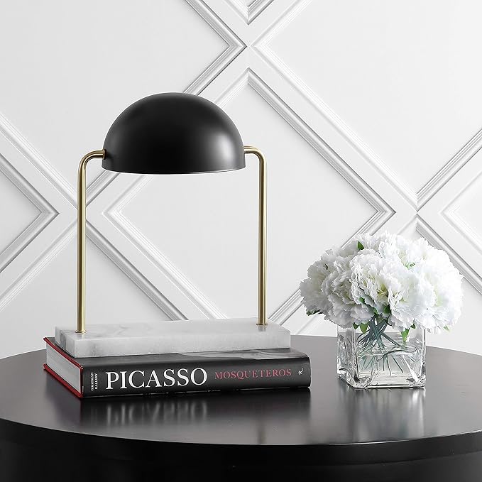 JONATHAN Y 13.5" Brass Gold and Black Art Deco Dome Table Lamp with White Marble Base, Modern Glam Desk Lamp for Living Room, Office, Bedroom, Metal Shade, LED Bulb Included JYL1044A