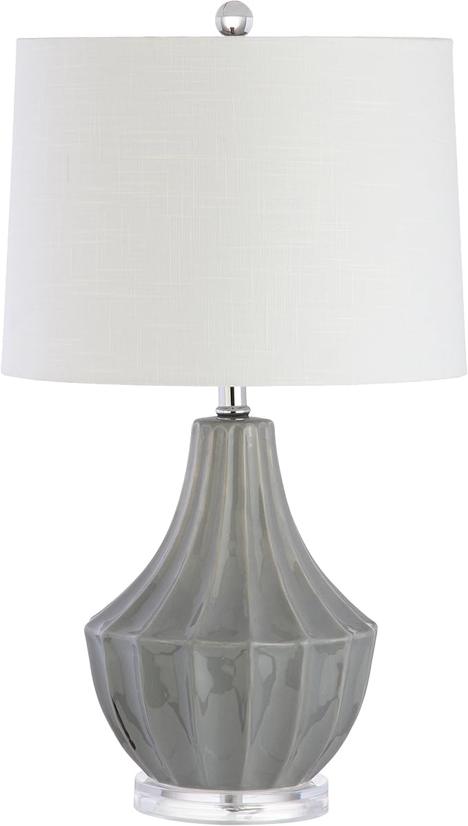 JONATHAN Y 24.5" Gray Ceramic Table Lamp for Bedroom, Modern Bedside Desk Lamp, White Linen Drum Shade, Fluted Gourd for Living Room, LED Bulb Included (JYL8018B)
