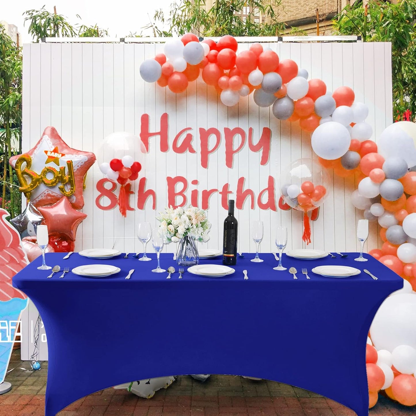 SuperO Waterproof Spandex Table Cover for 8FT Table Universal Fitted Stretch Tablecloth for Party, Banquet, Wedding and Events-Royal Blue