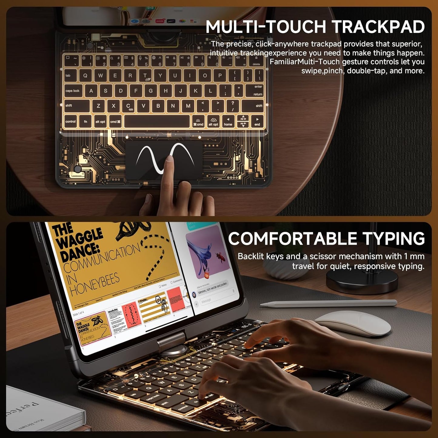 Transparent Case with Keyboard for iPad 11th Gen 11 Inch.(A16, 2025) & 2022 iPad 10th Gen 10.9 Inch,7-Color Backlit,Wireless Keyboard, 360°Rotating,with trackpad,Pencil Holder,with Shortcuts,black