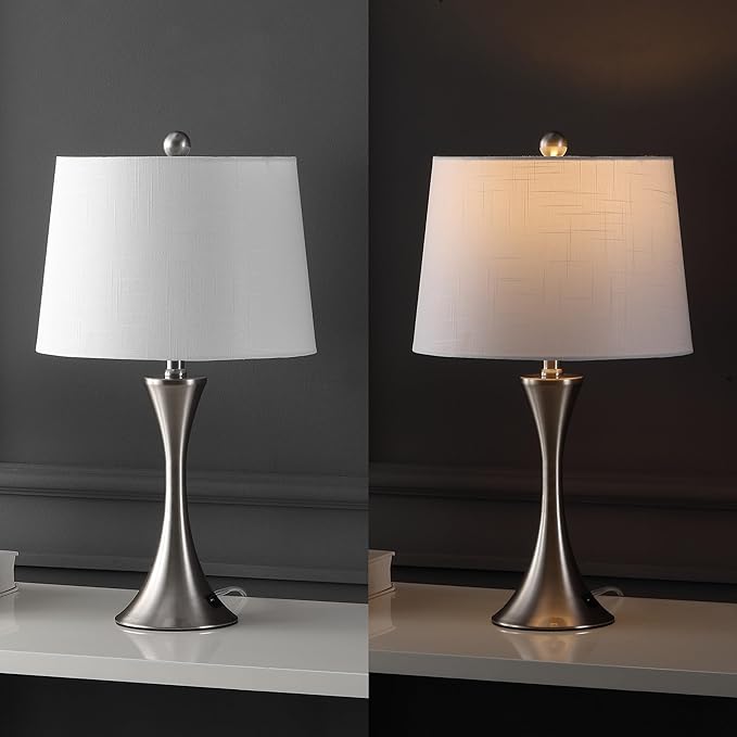 JONATHAN Y 22.75" Nickel Modern Hourglass LED Table Lamp Set of 2 with USB Port, Metal Bedside Lamps for Living Room Bedroom, White Linen Shade (JYL6621B-SET2)