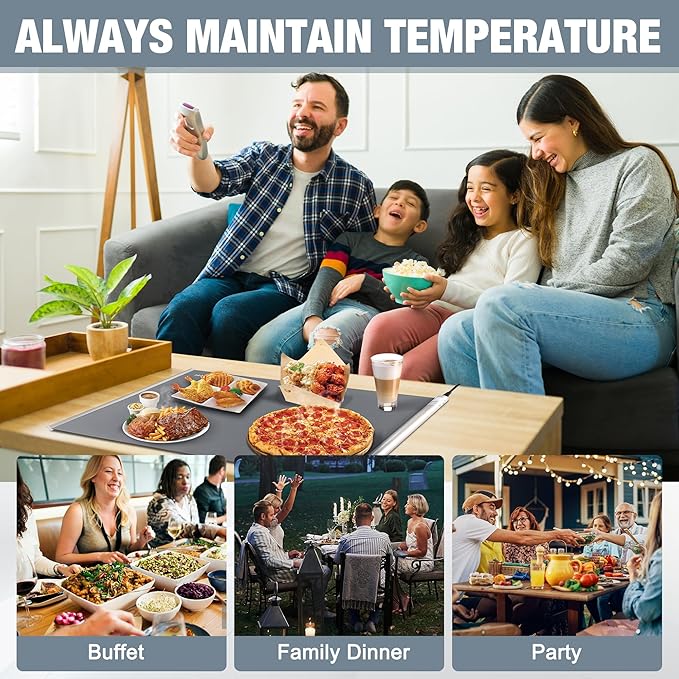 HAUSHOF Warming Mat for Food, Electric Extra Large Food Warming Mat for Countertop, Fast Heating Warming Tray for Buffets Party, 3 Level Temperature Heating Mat, Rollable, Portable, Auto Off
