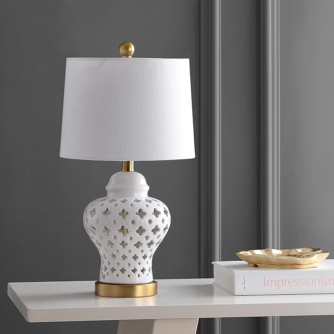 JONATHAN Y 20.5" White Pierced Ginger Jar Ceramic LED Table Lamp, Modern Glam Quatrefoil Fretwork for Living Room Bedroom, White Linen Shade, LED Bulb Included JYL6210A