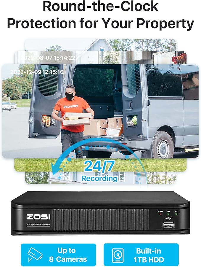ZOSI 3K 5MP Lite H.265+ Home Security Camera System, 8 Channel Surveillance DVR with AI Human Vehicle Detection and 4 x 1080p Weatherproof CCTV Dome Camera Outdoor Indoor, 80ft Night Vision, 1TB HDD