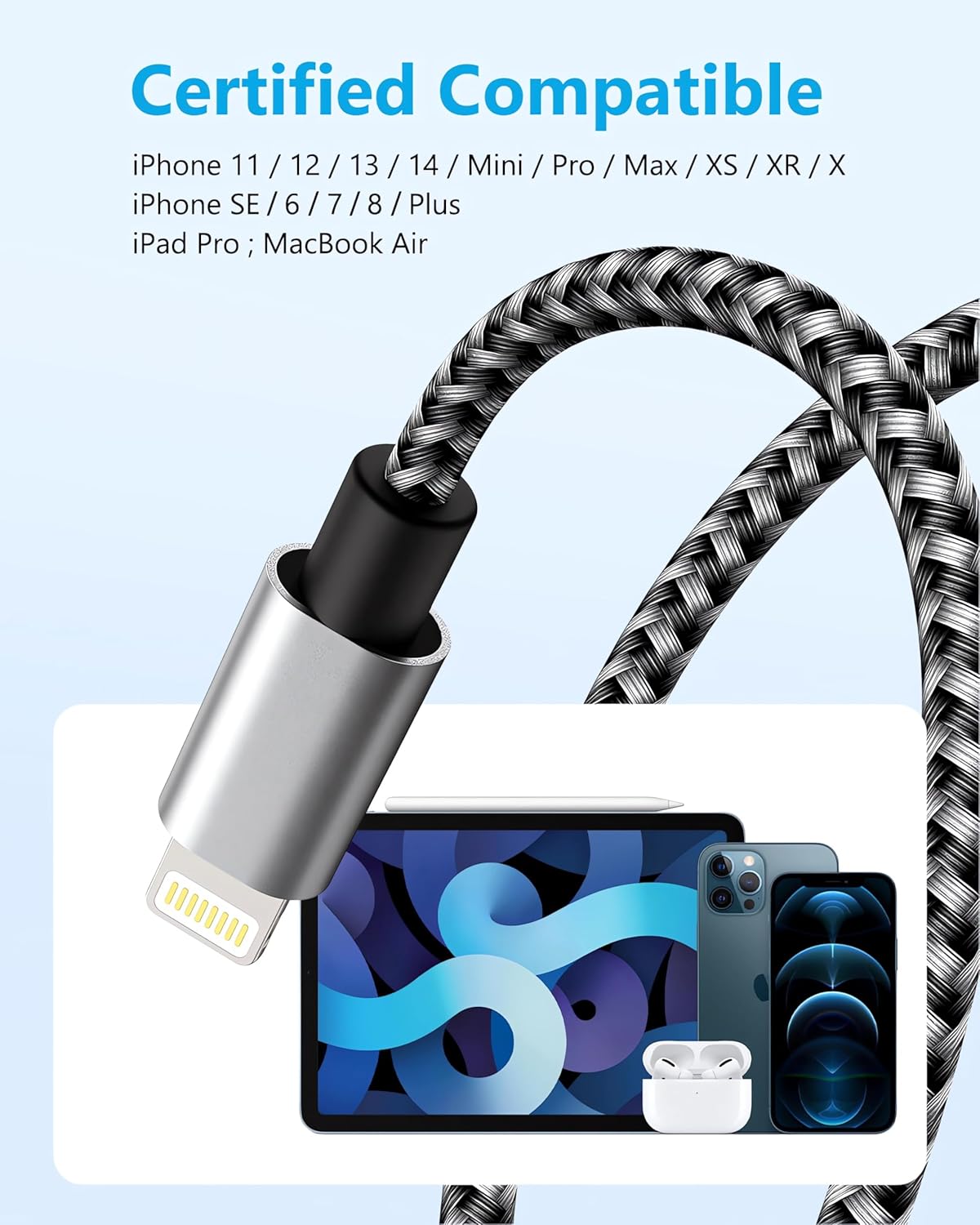 IDISON [MFi Certified iPhone Charger, 5Pack(3/3/6/6/10FT) iPhone Charging Cable Nylon Braided Fast Charging Cord Compatible for iPhones/Pad-BlackGrey