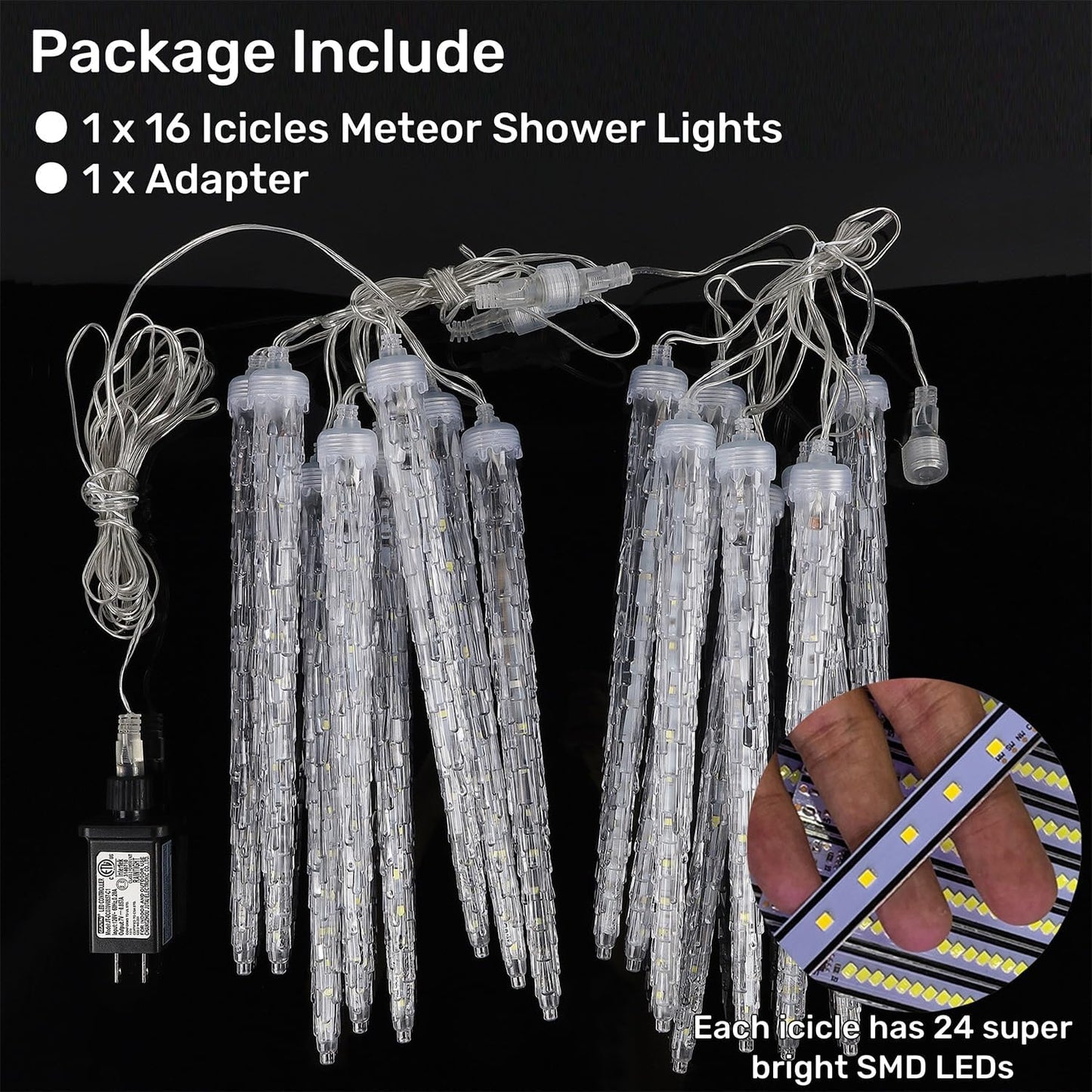 WATERGLIDE 16 Icicles Meteor Shower Lights, 12" Outdoor Christmas Icicle 384 SMD LED Crystal Ice Falling, Connectable Raindrop, Xmas Winter Party Tree Holiday Decor, Multicolor