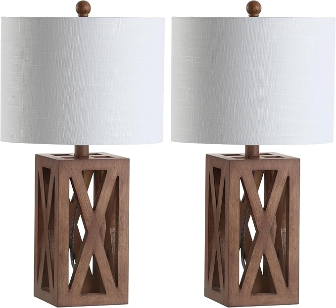 JONATHAN Y 21.5" Brown Farmhouse Wood Table Lamp for Bedside and Living Room, White Linen Drum Shade, Rustic Modern Desk Lamp for Bedroom, LED Bulb Included (JYL1062A-SET2)