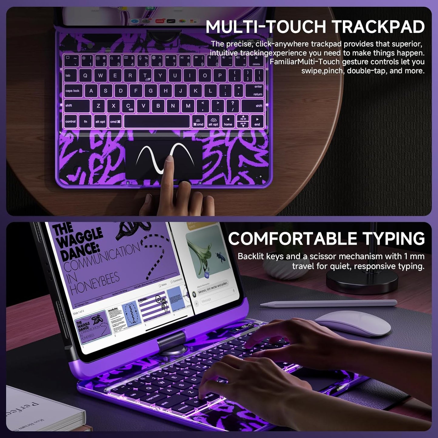 Transparent Case with Keyboard for iPad Air 13 Inch (M3/M2, 2025/2024), iPad Pro 12.9 Inch (6/5/4/3 Gen),7-Color Backlit,Magic wireless Keyboard, 360°Rotating,with trackpad,Pencil Holder,Purple