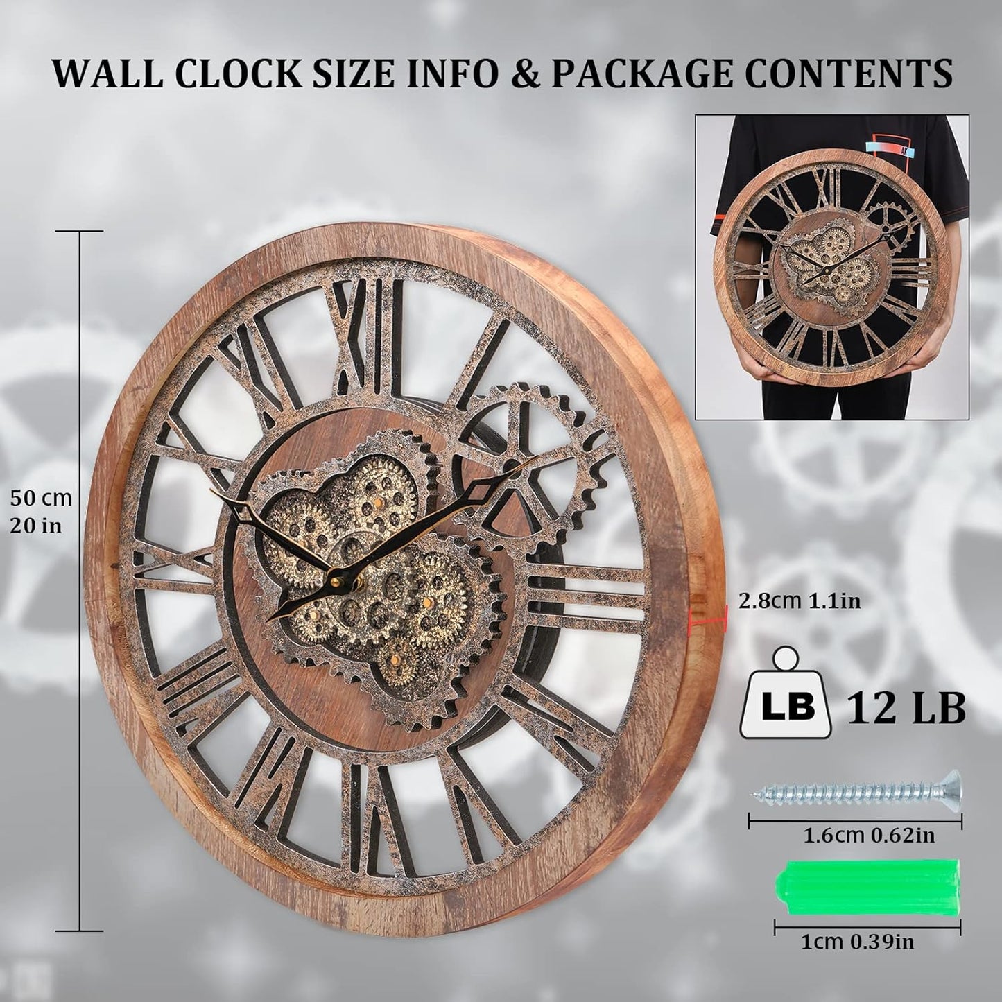 HOIBAI Large Wall Clock, Wall Clocks for Living Room Decor 20 Inch Farmhouse Vintage Rustic Kitchen Wall Decor Vintage Roman Oversized Wall Clock for Home Bedroom House, Moving Gears Clock