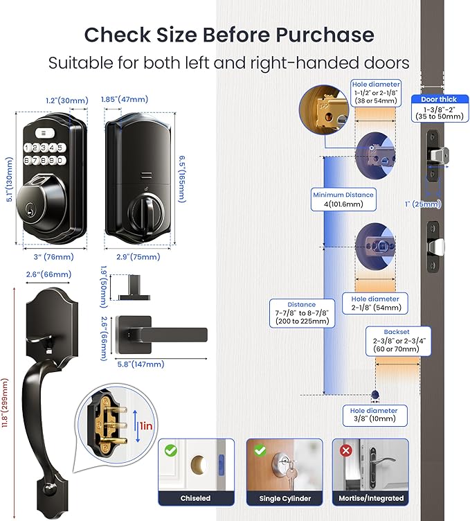 Veise VE012W-H WiFi Smart Front Door Lock Set, Built-in WiFi, App Remote & Voice Control, Fingerprint Keyless Entry Smart deadbolt with Handle, Backlit Keypad, Auto Lock, IP55 Waterproof, Matte Black