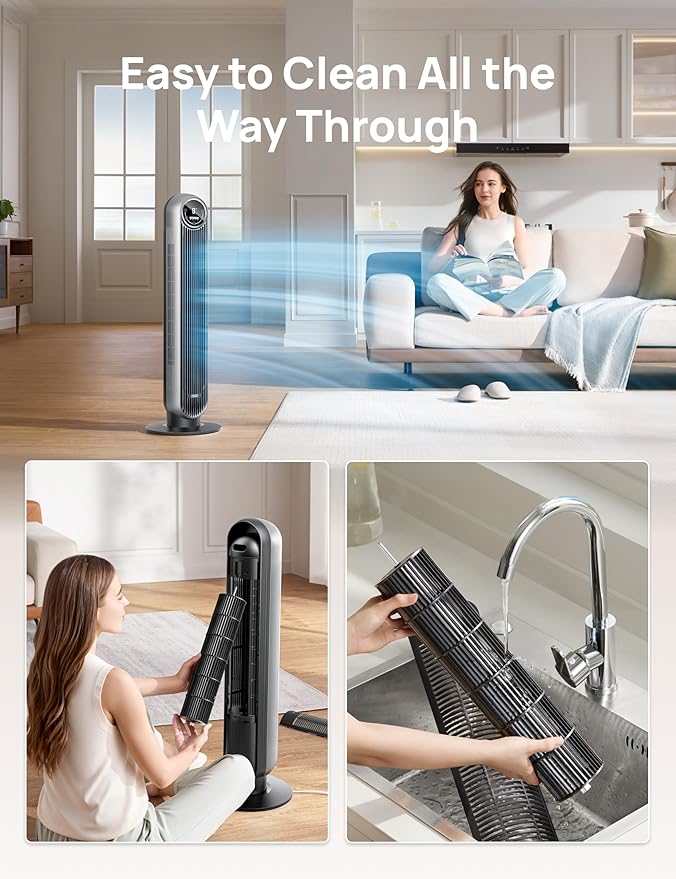 DREO Tower Fan for Bedroom, 25ft/s Velocity Quiet Floor Fan, 90° Oscillating Fans for Indoors with 4 Speeds, 4 Modes, 8H Timer, Bladeless Fan, Standing Fans, Silver, Nomad One (DR-HTF007)