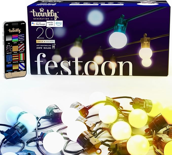 Twinkly Festoon App-Controlled LED Bulb Outdoor String Lights w/ 20 AWW (Warm White to Cool White) LED, 32.8 ft Patio Lights, Black Cable Outside Lights, Smart Indoor Outdoor Lights