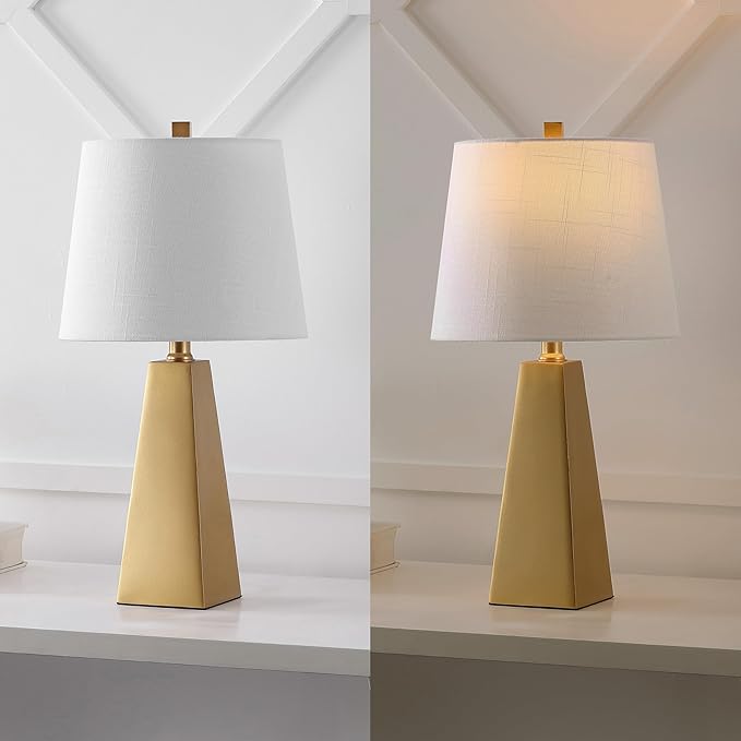 JONATHAN Y 20.5" Gold Painting Modern Resin Table Lamp for Bedroom Living Room, Contemporary Faceted Bedside Lamp with White Linen Shade, LED Bulb Included (JYL1038A)