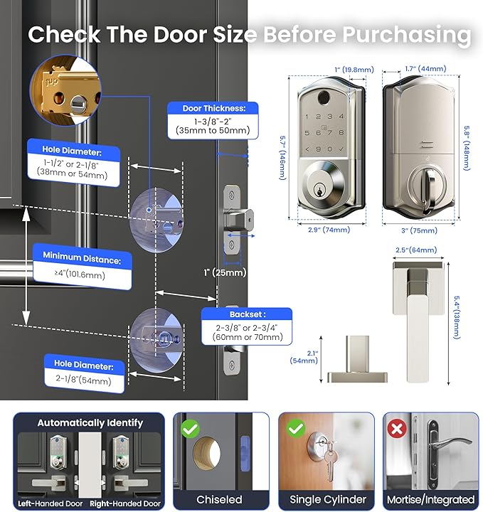 Veise VE017-B Fingerprint Smart Lock for Front Door, App Control, 8-in-1 Keyless Entry Deadbolt with 2 Zinc Alloy Lever Handles Set, Emergency Power Port, Auto Lock, Electronic Keypad, Satin Nickel