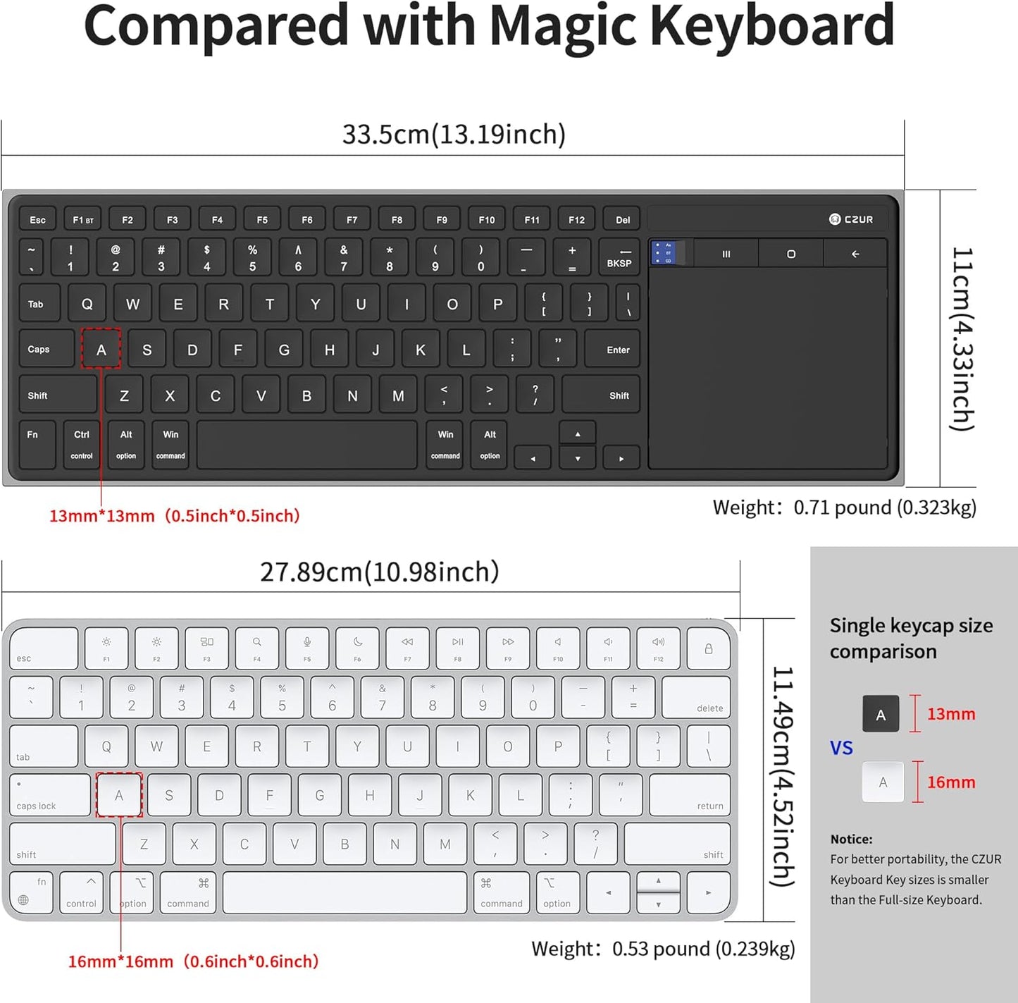 CZUR Rechargeable Bluetooth Keyboard with Touchpad, Portable Computer Keyboard with Trackpad, Wireless Ultra Slim Keyboard for PC/Laptop/Tablet/Phone, for Windows/Android