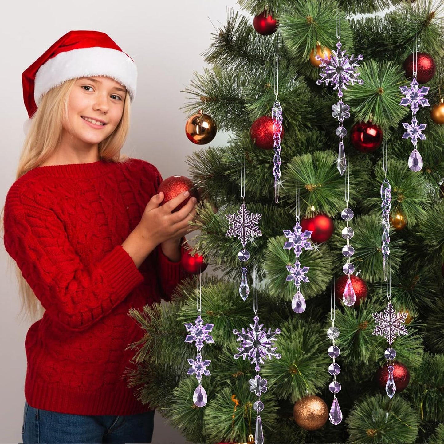 18pcs Crystal Christmas Ornaments for Christmas Tree Decorations-Purple Hanging Acrylic Snowflake and Icicle Ornaments with Drop Pendants for New Year Party Decorations Supplies